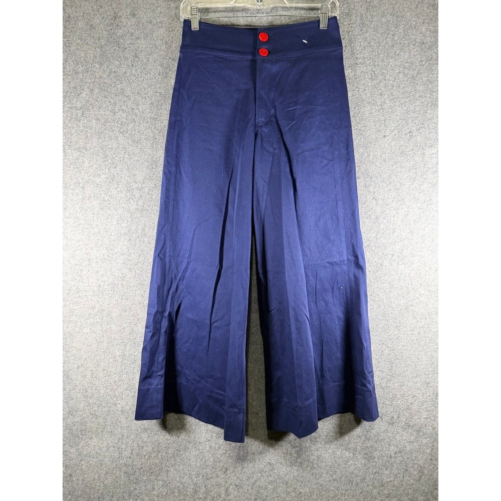 STAUD Navy Wide-Leg Pants with Red Button Detail
